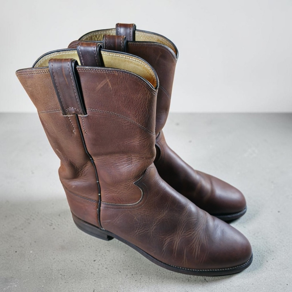 Justin Classic Roper Western Boots Leather Brown Men's Size 9.5 D USA Made. 3408